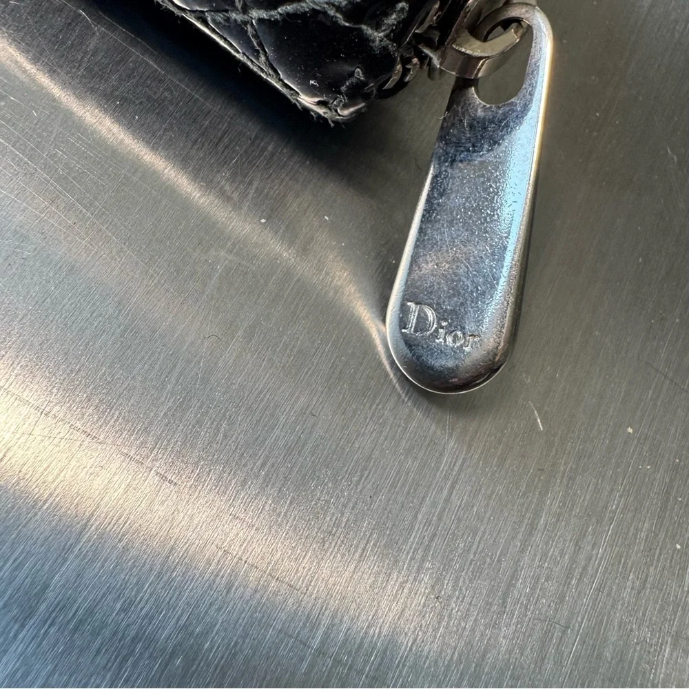 Dior Vintage Patent Cannage Zipply Wallet in Black
